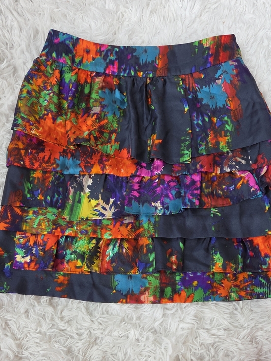leifsdottir Dresses & Skirts - leifsdottir Black Mini Skirt with Bright Orange, Blue, Purple & Green 100% Silk